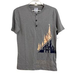 Disney Parks 50th Anniversary Castle 1/4 Button TShirt Gray
